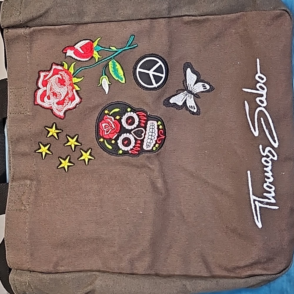 Thomas Sabo Khaki Green Embroidered Patches Canvas Tote Bag Shoulder Bag NWOT